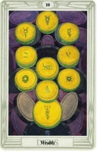 10 of Disks - Wealth - Thoth Tarot Card with Printed Keyword
